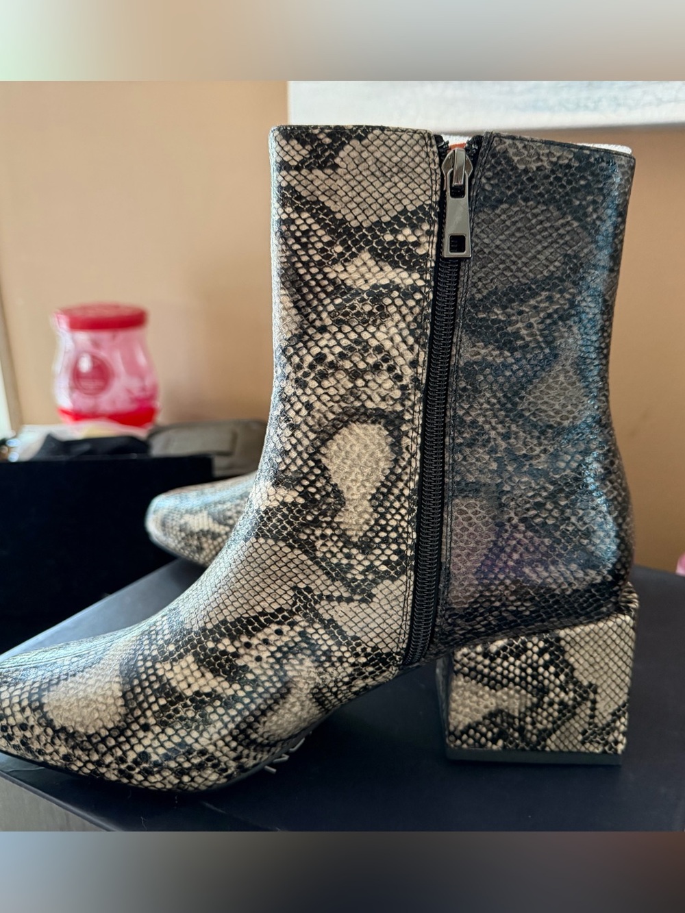 French Connection Snake-Print Toni Boots, Ankle Boots — Black & Cream, 8